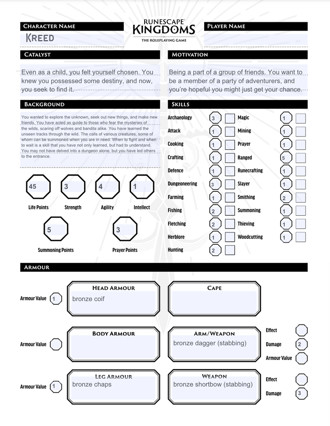 RuneScape Kingdoms: Roleplaying Game Character Sheet - Kreed - Ranger