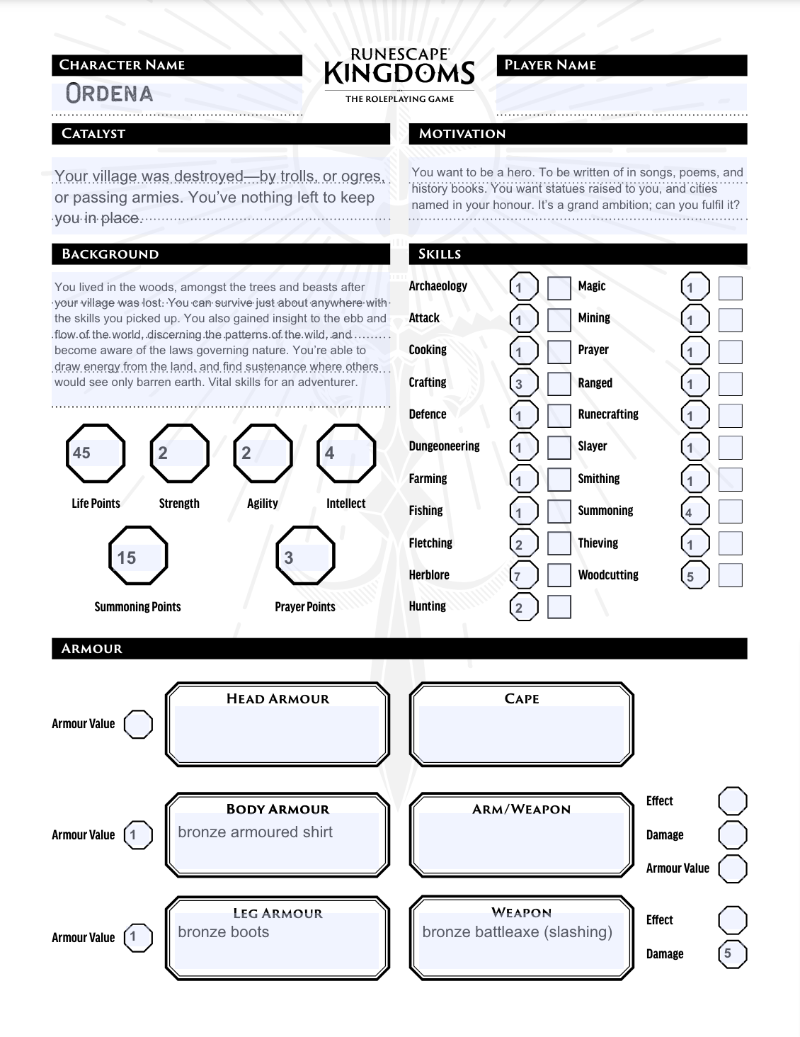 RuneScape Kingdoms: Roleplaying Game Character Sheet - Ordena - Forester Druid (PDF)