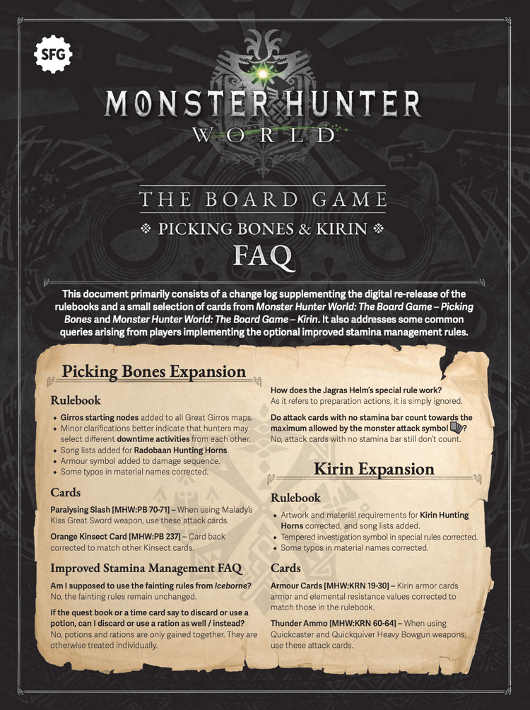 Monster Hunter World: Picking Bones & Kirin FAQs (PDF) - Steamforged Games