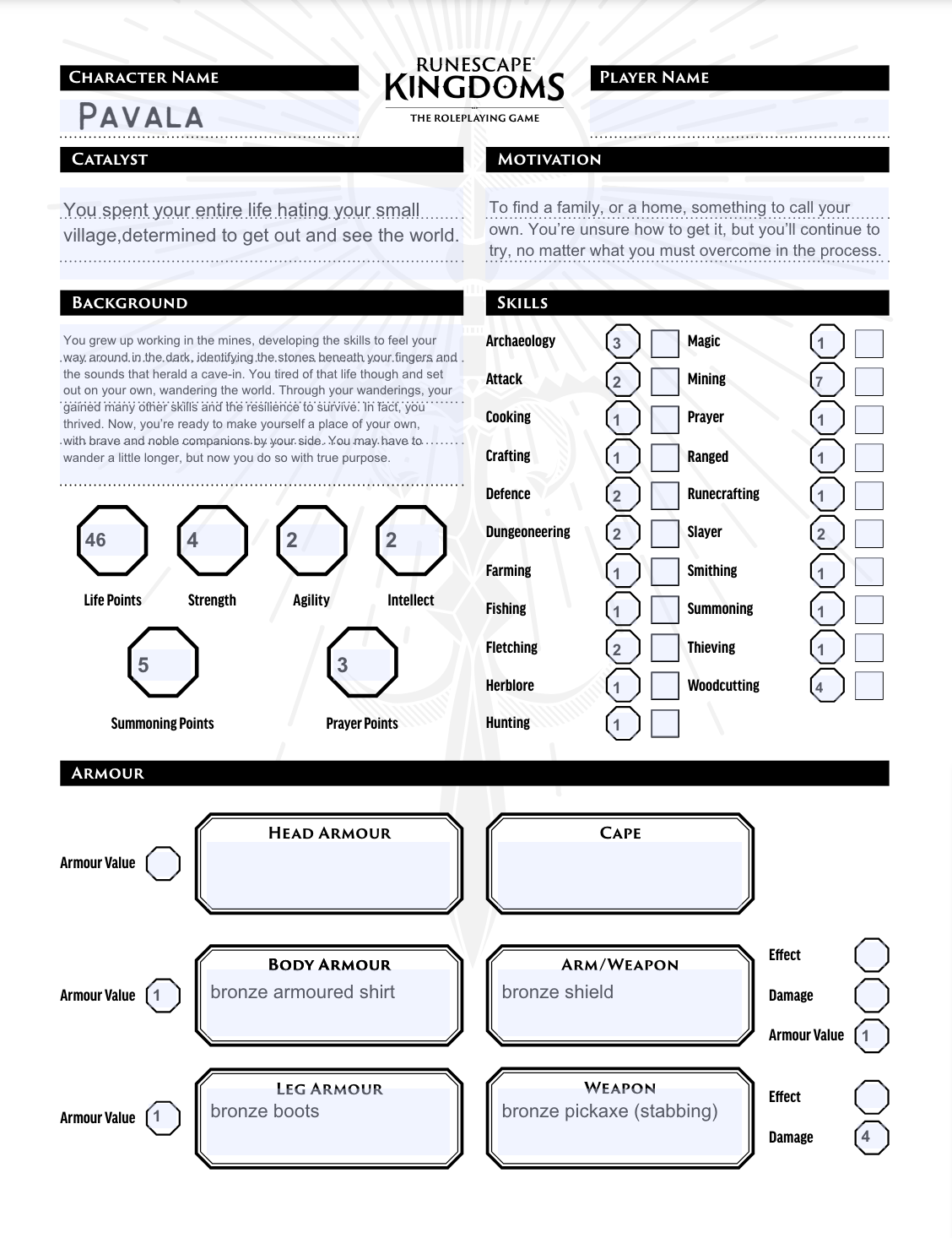 RuneScape Kingdoms: Roleplaying Game Character Sheet - Pavala - Miner