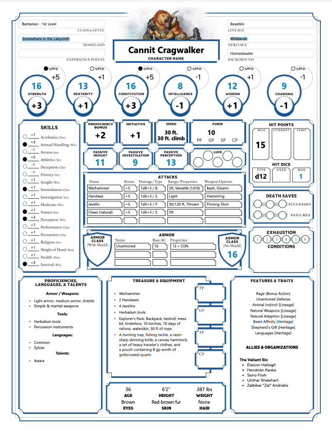 Tales of the Valiant: Character Sheet - Cannit Cragwalker (PDF)