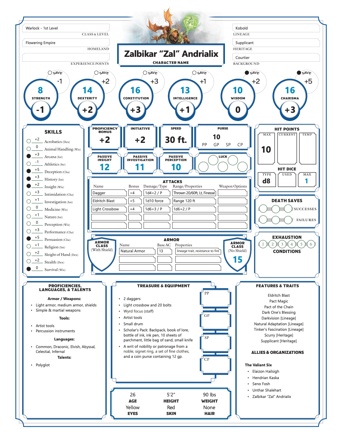 Tales of the Valiant: Character Sheet - Zalbikar Andrialix (PDF) - Steamforged Games