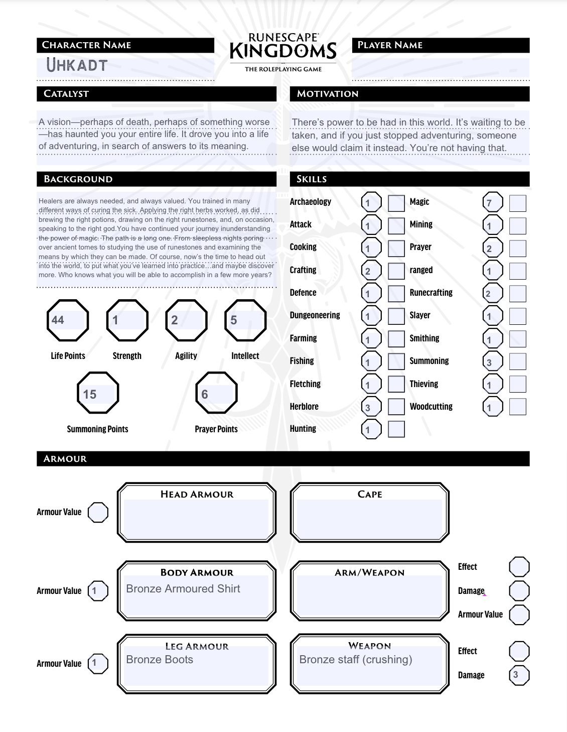 RuneScape Kingdoms: Roleplaying Game Character Sheet - Uhkadt - Apprentice Wizard Travelling Healer (PDF)